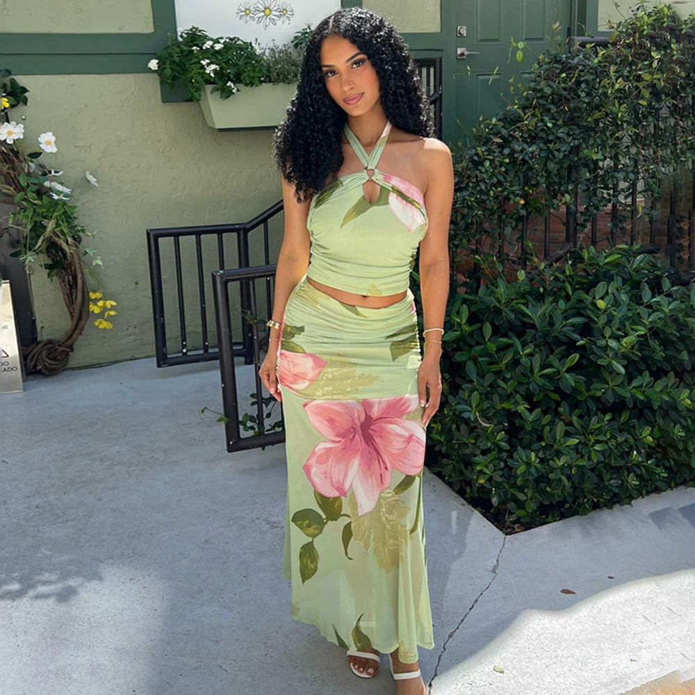 ZARA Boho Fresh Casual Chic Summer Beach Print Skirt Set Halter Cross Back